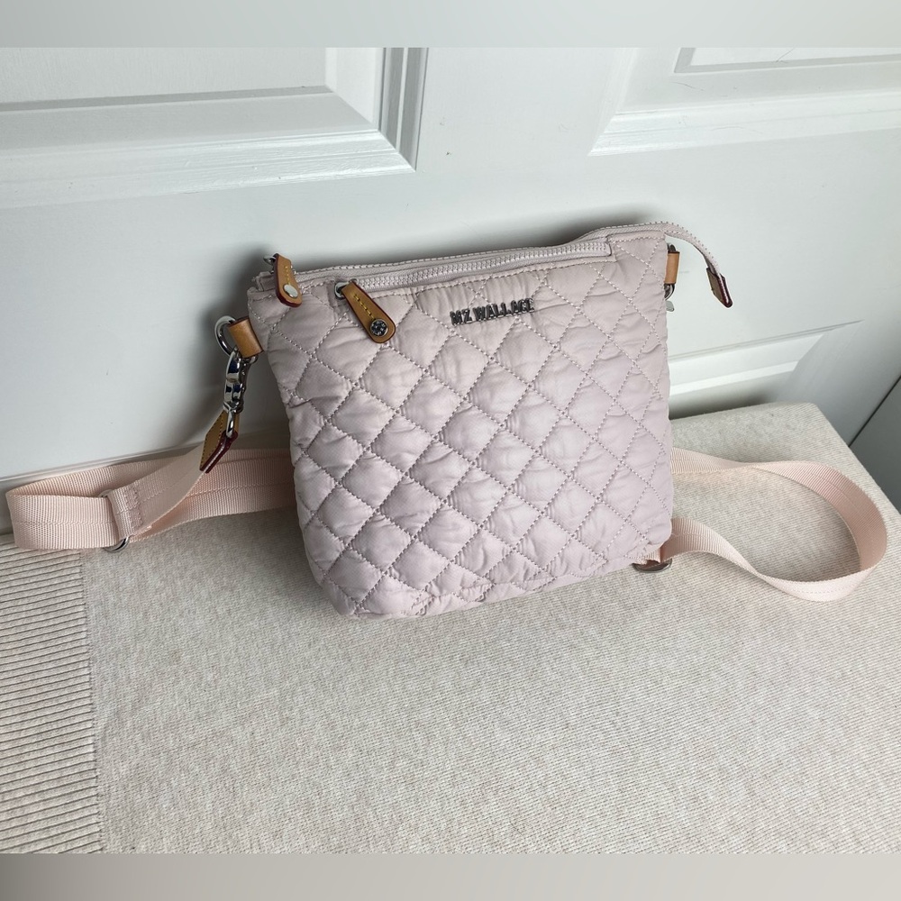MZ Wallace Metro Scout Quilted Crossbody Bag in Pastel Pink w Leather Accents